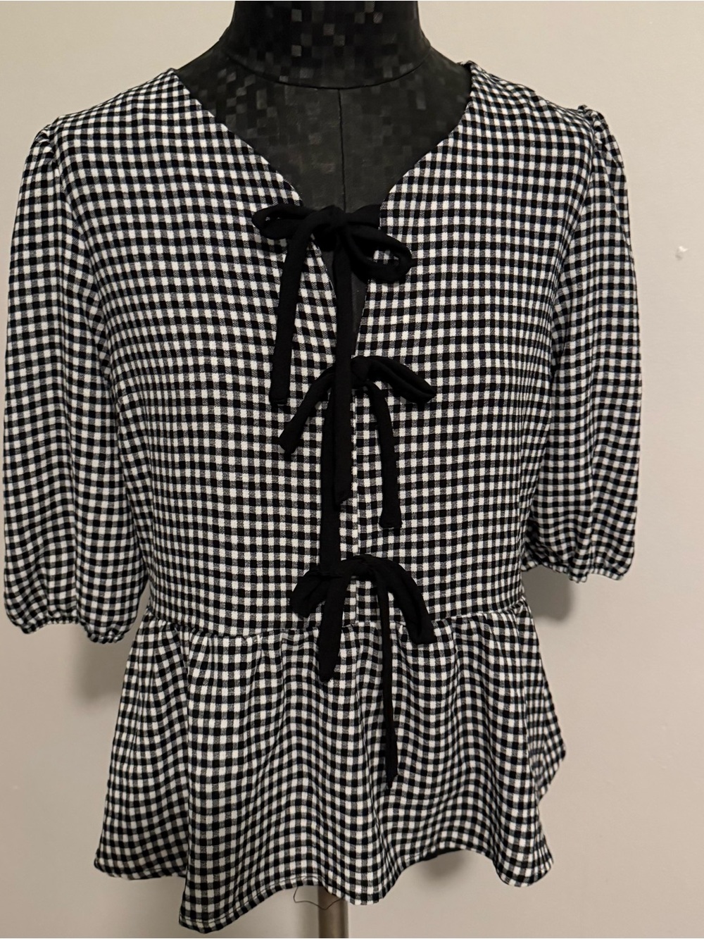 Monteau Los Angeles black and white gingham peplum blouse